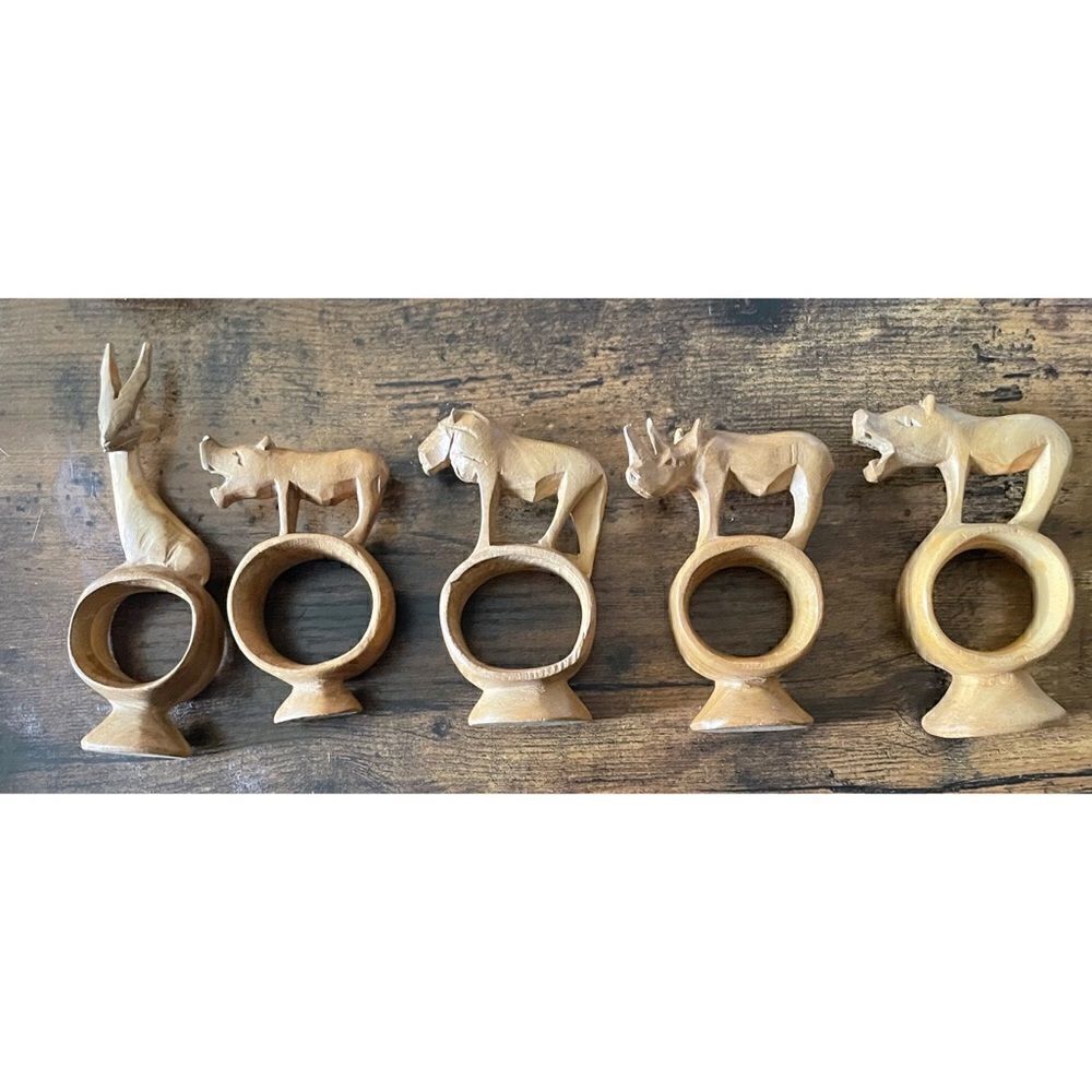 Vintage Teak Wood Set of 5 Safari Themed Hand
Carved Napkin Rings